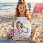 Bolsa con cordón personalizada con personaje de dibujos animados de sirena inicial y nombre regalo de cumpleaños para niñas amigas y familiares