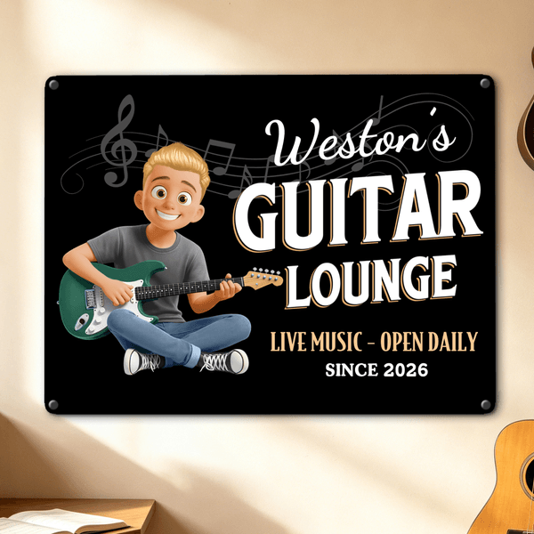Guitarra Personalizada Personaje de dibujos animados Pintura de hojalata con nombre Decoración del hogar Regalo de cumpleaños para el amante de la guitarra