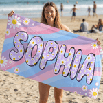 Personalisiertes Strandtuch im Regenbogen-Stil | mit Gänseblümchen und Namen | schnelltrocknend und übergroß | Geburtstag Geschenk für Frau Freundin