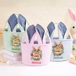 Personalized Cute Birth Flower Beatrix Potter Peter Rabbit Easter Basket with Name and Bunny Ears Egg Hunting Activity Easter Gift for Kids