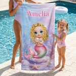 Toalla de playa personalizada de microfibra con nombre y diseño de sirena de dibujos animados secado rápido regalo de cumpleaños para niñas