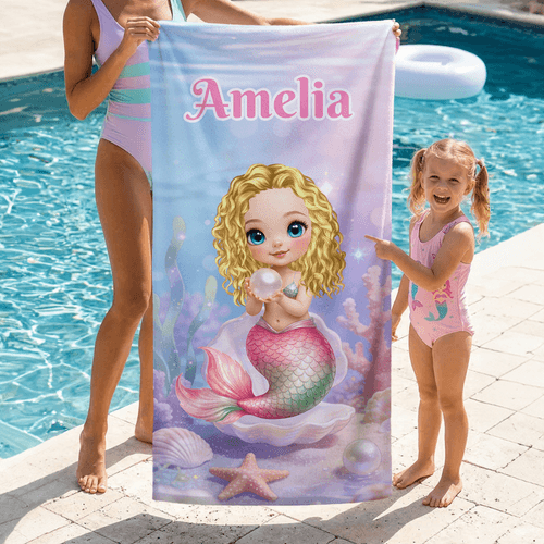 Toalla de playa personalizada de microfibra con nombre y diseño de sirena de dibujos animados secado rápido regalo de cumpleaños para niñas