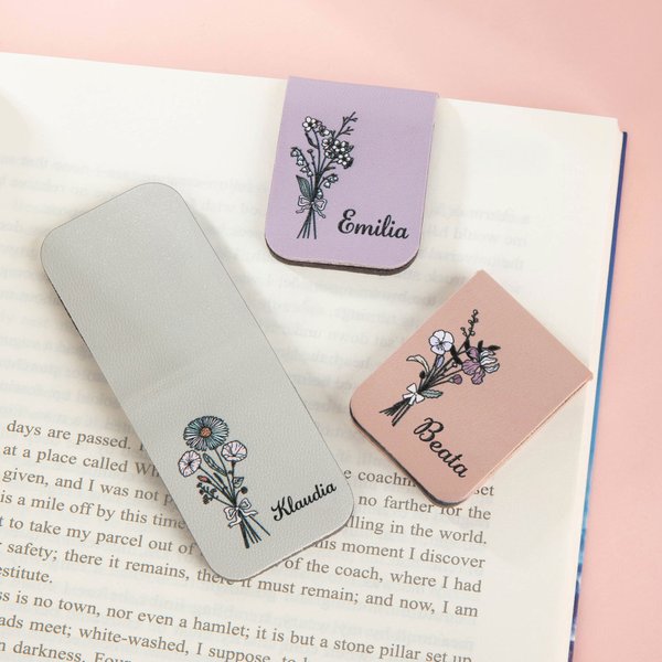 Personalizowany magnetyczny klips do książki z kwiatem i imieniem idealny prezent urodzinowy dla  kobiety