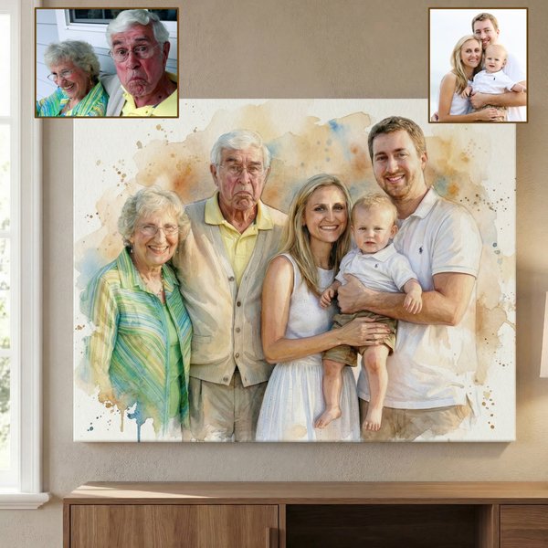 Personalised Watercolor Merge Loved One Pictures Portrait Canvas Prints with Text Home Decor Sentimental Memorial Gift for Family