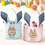 Personalized Cute Birth Flower Beatrix Potter Peter Rabbit Easter Basket with Name and Bunny Ears Egg Hunting Activity Easter Gift for Kids
