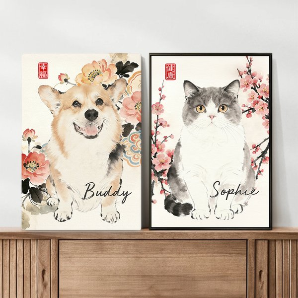 Personalizado chino de tinta estilo de lavado de mascotas foto lienzo póster sin marco de pintura decoración de la habitación regalo de cumpleaños para el amigo dueño de la mascota