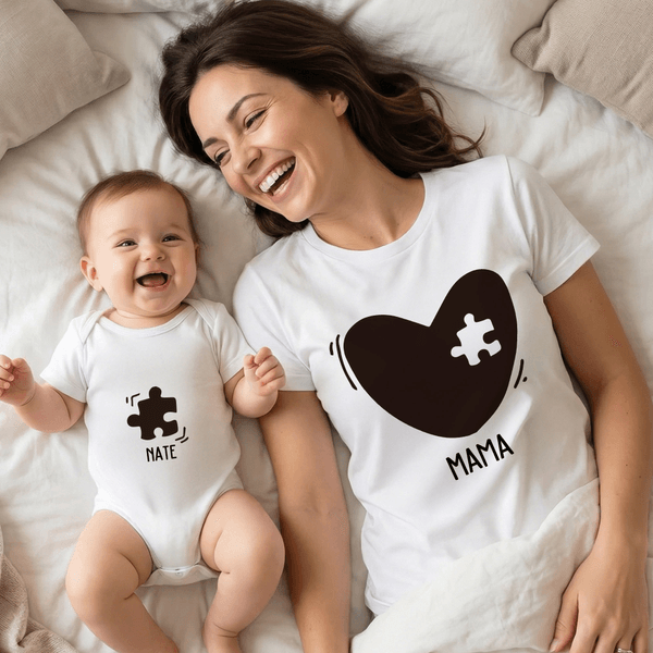 Gepersonaliseerd Hart Puzzel 100% Katoenen Baby Rompertje T-shirt Bijpassend Outfit met Naam en Titel Moederdag Verjaardagscadeau voor Pasgeboren Nieuwe Moeder