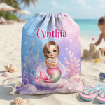 Personalizzato Carino Cartoon Mermaid Drawstring Bag con nome Estate vacanza regalo di compleanno per le ragazze