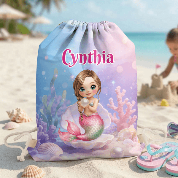 Sac à cordon personnalisé avec le nom de la sirène en dessin animé Cadeau d'anniversaire de vacances d'été pour les filles