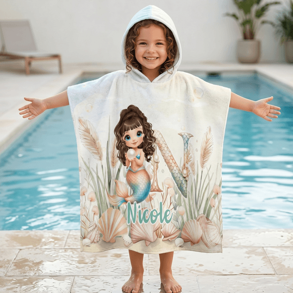Personalized Cartoon Mermaid Character Initial Quick Dry Hooded Beach Towel with Name Outdoor Activities Beach Party Birthday Gift for Girls Family