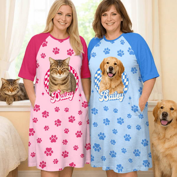 Pijama personalizado con nombre y bolsillo para mascota con foto de pata multicolor Regalo de cumpleaños para abuela, madre, mujer, amante de las mascotas