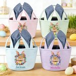 Personalized Cute Birth Flower Beatrix Potter Peter Rabbit Easter Basket with Name and Bunny Ears Egg Hunting Activity Easter Gift for Kids