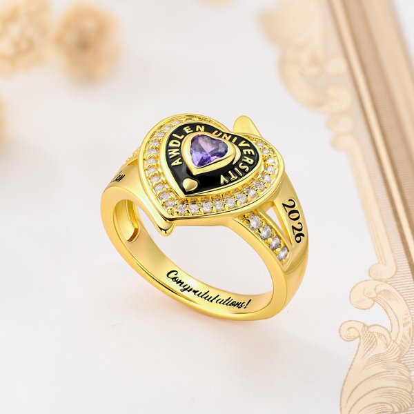 Personalized Zircon Heart Birthstone Ring with Engraved Name Year and Text Birthday Anniversary Graduation Gift for Graduates