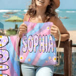Personalisiertes Strandtuch im Regenbogen-Stil | mit Gänseblümchen und Namen | schnelltrocknend und übergroß | Geburtstag Geschenk für Frau Freundin