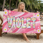 Personalisiertes Strandtuch im Regenbogen-Stil | mit Gänseblümchen und Namen | schnelltrocknend und übergroß | Geburtstag Geschenk für Frau Freundin