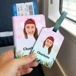 Personalised Face Photo Floral PU Leather Luggage Tag Passport Holder with Name Daily Use Birthday Travel Gift for Travel Lovers Friends Besties