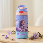Personalized Birth Flower Fairy 12 oz Insulated Water Bottle with Name Straw and Spill-Proof Lid Birthday Gift for Kids Girls