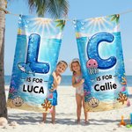 Telo mare personalizzato con nome e iniziali, in microfibra, design con animali dell'oceano - Regalo di compleanno per bambini