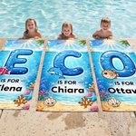 Telo mare personalizzato con nome e iniziali, in microfibra, design con animali dell'oceano - Regalo di compleanno per bambini