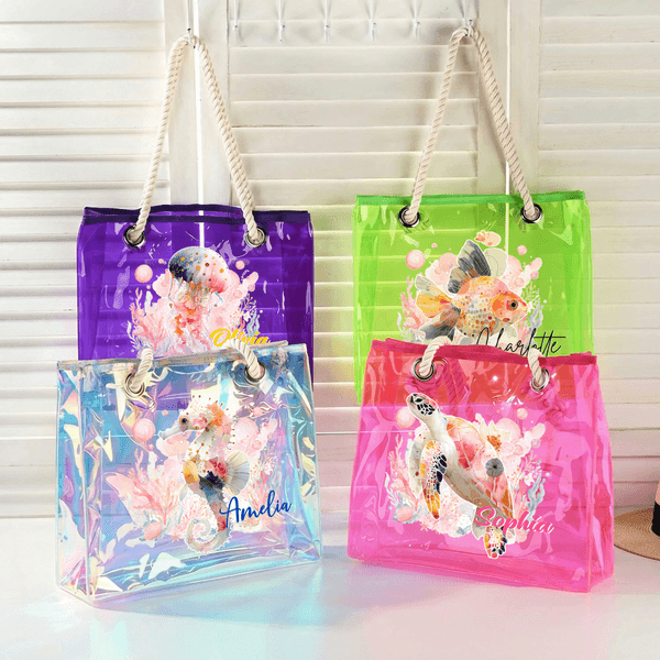 Personnalisé Watercolor Sea Animal Waterproof Transparent Tote Bag with Name Travel Essentials Mother's Day Birthday Beach Party Gift for Woman
