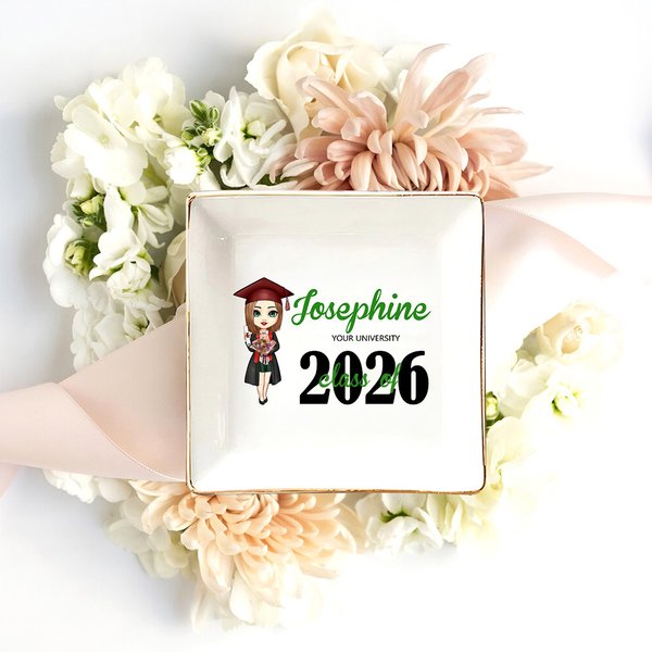 Personalized Cartoon Graduate Girl Ceramic Square Trinket Jewellery Dish with Name Congratulation Graduation Gift for Schoolmates Friends