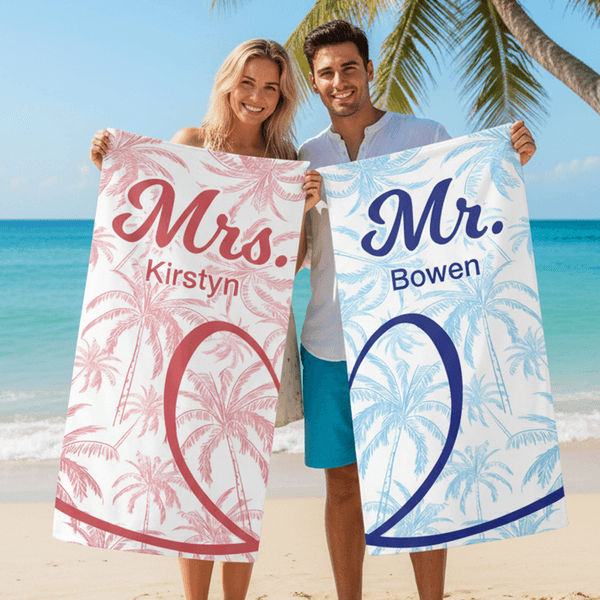 Personalised Palm Half Heart Quick Dry Soft Oversized Beach Towel with Name Summer Pool Beach Party Birthday Gift for Couple