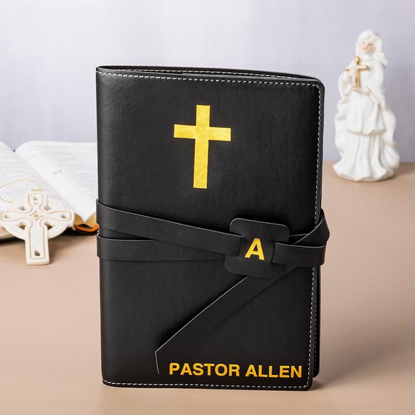 Personalised Golden Cross PU Leather Strap Journal Notebook with Initial and Text Religious Baptism Birthday Gift for Christian Pastor