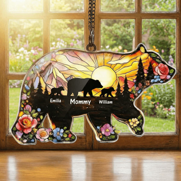 Personalized Mother Baby Bears Sun Flower Acrylic Hanging Ornament with Nickname and Names Home Decor Mother's Day Birthday Gift for Mom Grandma