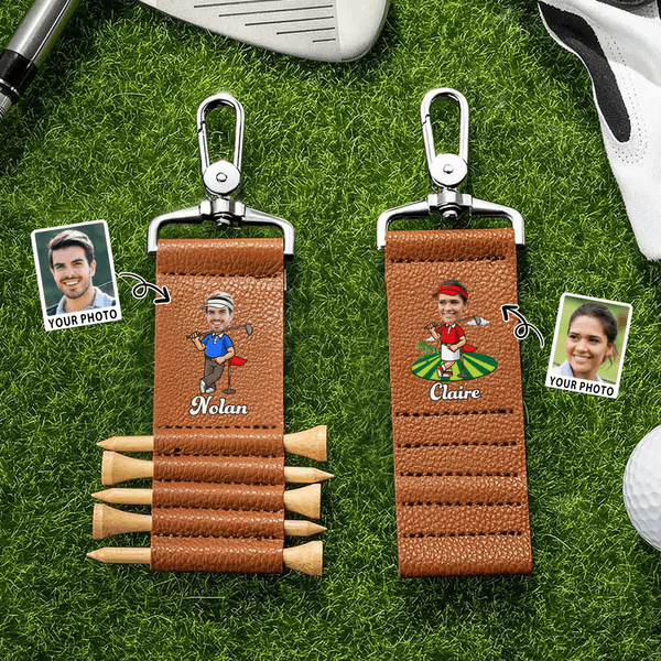 Personalized Cartoon Character Photo PU Leather Golf Tee Holder Bag Tag with Name and 5 Pcs Bamboo Tees Game Day Birthday Gift for Golf Players