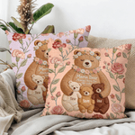 Personalised Imitation Embroidery Effect Flower Cute Mom-Baby Bear Soft Cushion Cover with Names Room Decor Mother's Day Gift for Mom