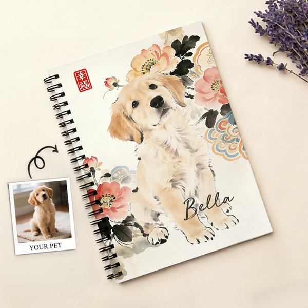 Personalized Chinese Style Ink Painting Pet Photo A5 Spiral Notebook with Name and 120 Lined Pages Daily Use Birthday Gift for Pet Owners