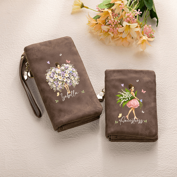 Personalizada de dibujos animados Chica Nacimiento Flor PU Cuero Vintage Mujer Billetera con correa de muñeca y el nombre de cumpleaños Día de la Madre de regalo para mamá hermana