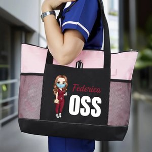 Borsa tote grande personalizzata in tessuto Oxford con infermiera in stile cartone animato, nome e titolo - Regalo di compleanno per infermiere