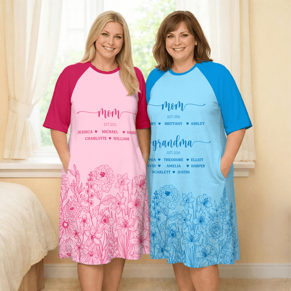 Robe de nuit douce à fleurs peinte à la main et personnalisée avec le nom et l'année Cadeau d'anniversaire de la fête des mères pour maman grand-mère