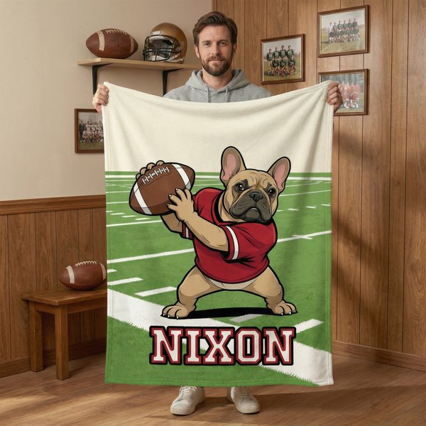 Personalized American Football French Bulldog Soft Throw Blanket with Name Home Decor Team Birthday Gift for Football Lovers