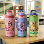 Personalized Birth Flower Fairy 12 oz Insulated Water Bottle with Name Straw and Spill-Proof Lid Birthday Gift for Kids Girls