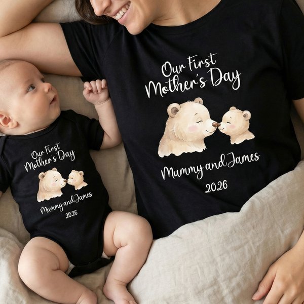 Personalised Cute Bear Our First Mother's Day 100% Cotton T-shirt Baby Bodysuit with Name Birthday Mother's Day Gift for Baby Mother