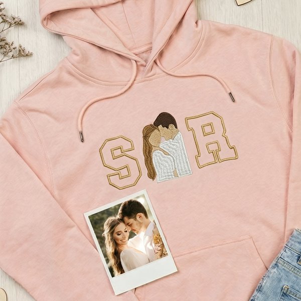 Personalised Romantic Embroidered Photo Soft T-shirt Sweatshirt Hoodie with Initials Birthday Wedding Anniversary Gift for Couple