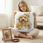 Personalised Watercolor Flowers Pet Photo Soft Cushion Cover with Name Home Decor Loss of Pet Birthday Gift for Pet Owner Lover