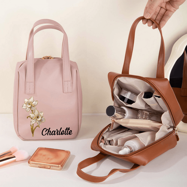 Personnalisé Vintage Gold-Edged Birth Flower Name Portable PU Leather Makeup Bag with Handle Travel Accessory Birthday Gift for Women Girls