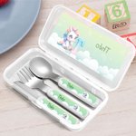 Set de Couverts 3 Pièces Personnalisé avec Nom et Initiale Style Licorne Fantastique Étui Inclus Cadeau Anniversaire Rentrée Scolaire pour Enfants