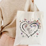 Personalised Heart Outline Hand-in-Hand Floral Butterfly Design Canvas Bag with Names and Handle Mother's Day Birthday Gift for Mom Pet Owner