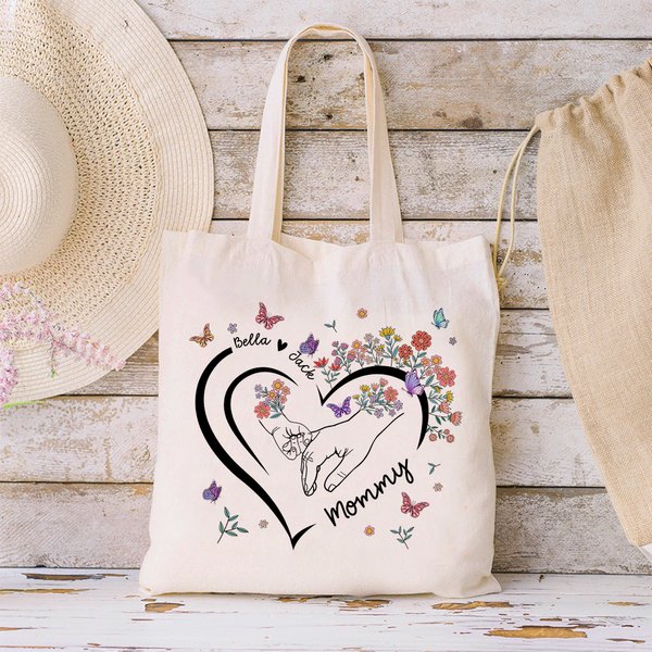 Bolsa de lona personalizada con diseño de mariposa floral en forma de corazón con nombres y asa Regalo de cumpleaños del Día de la Madre para mamá Dueña de mascota