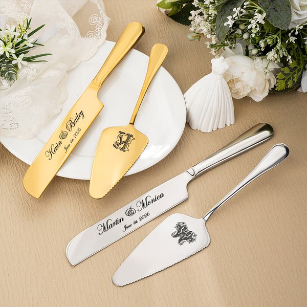 Personalised Initial Cake Knife and Server Set with Name and Date Wedding Engagement Gift for Couple