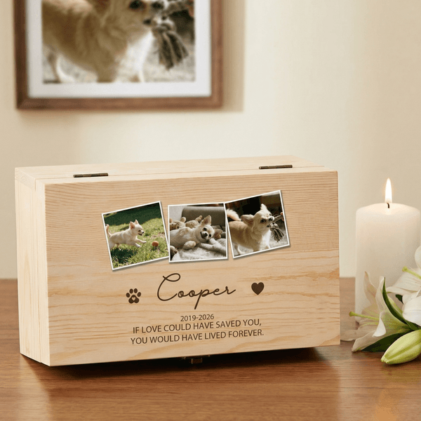 Personalisierte Haustier Foto Geburt und Tod Jahre hölzerne Erinnerung Aufbewahrungsbox mit Namen und Text Verlust von Haustier Gedenkgeschenk für Tierbesitzer Liebhaber