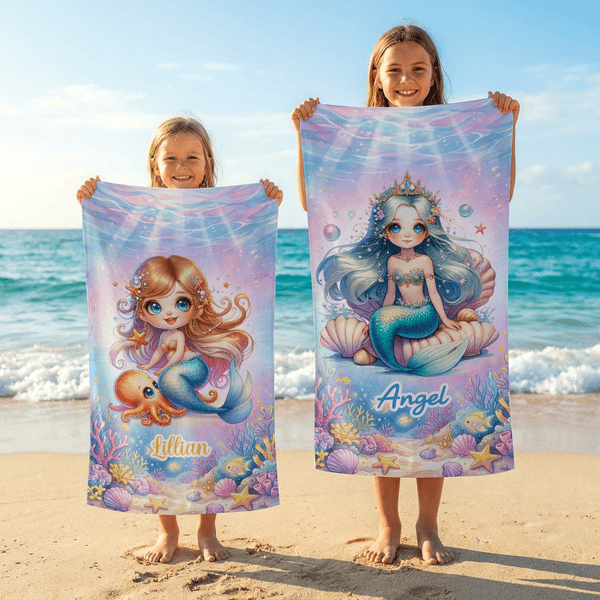Gepersonaliseerde prachtige zomer zeemeermin prinses sneldrogende strandhanddoek met naam Strandfeest verjaardagscadeau voor meisjes vrienden familie