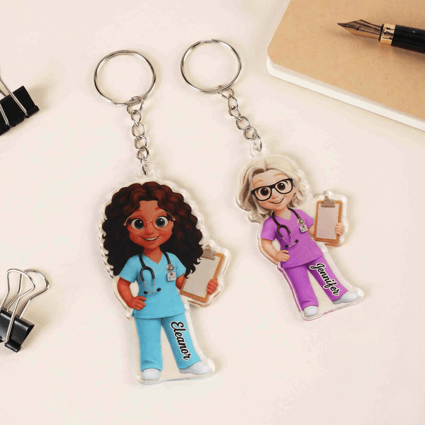 Personalised Cartoon Nurse Character Acrylic Keychain with Name Daily Use Nurse Week Appreciation Gift for Medical Staff