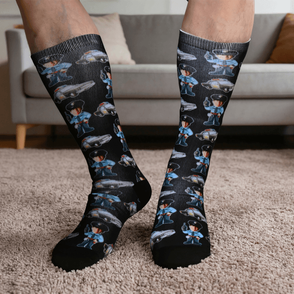 Personalized Cartoon Police Officer Police Car Soft Mid-Calf Socks with 1-2 Photos Daily Wear Birthday Gift for Police Officers