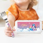 Set de Couverts 3 Pièces Personnalisé avec Nom et Initiale Style Licorne Fantastique Étui Inclus Cadeau Anniversaire Rentrée Scolaire pour Enfants