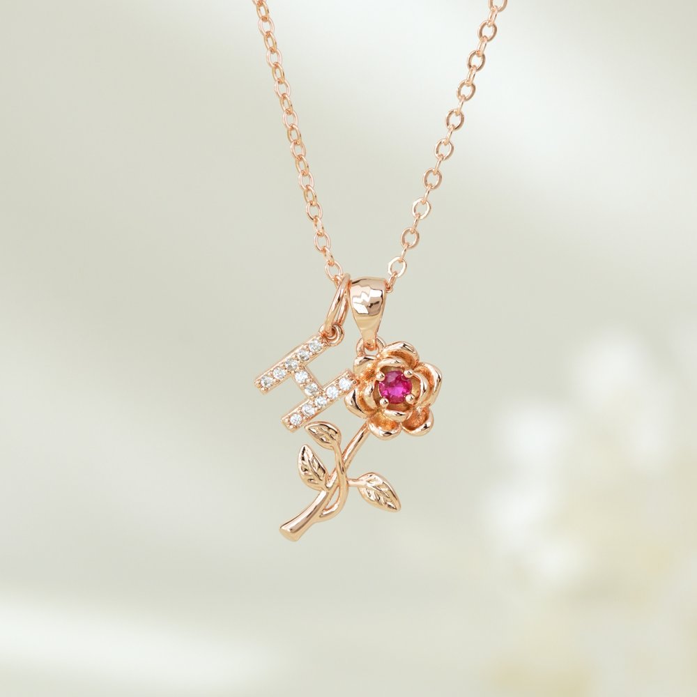 Personalized Exquisite Birthstone Rose Necklace with Initial Dainty Jewelry Birthday Anniversary Gift for Women 3